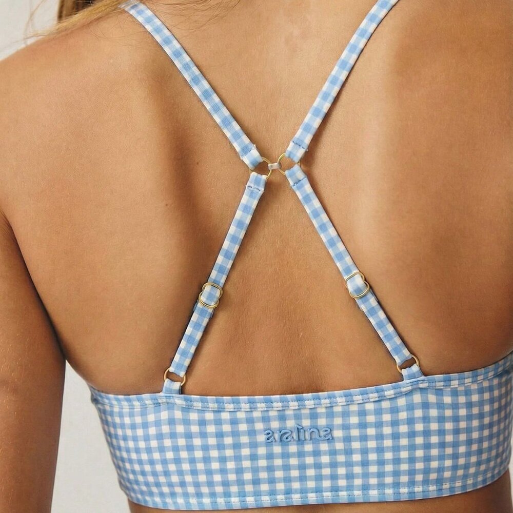 Blue Plaid Gingham Women's Leisure Cropped Activewear Set - Picture 7 of 8